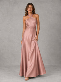 Sage Green Satin A-Line Bridesmaid Dress with Halter Neck