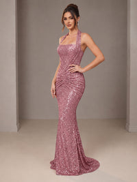 Gold Halter Sequin Mermaid Ruched Prom Dress Long Ruched Evening Gown