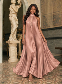 Rust Orange Pleated Halter Neck Maxi Dress