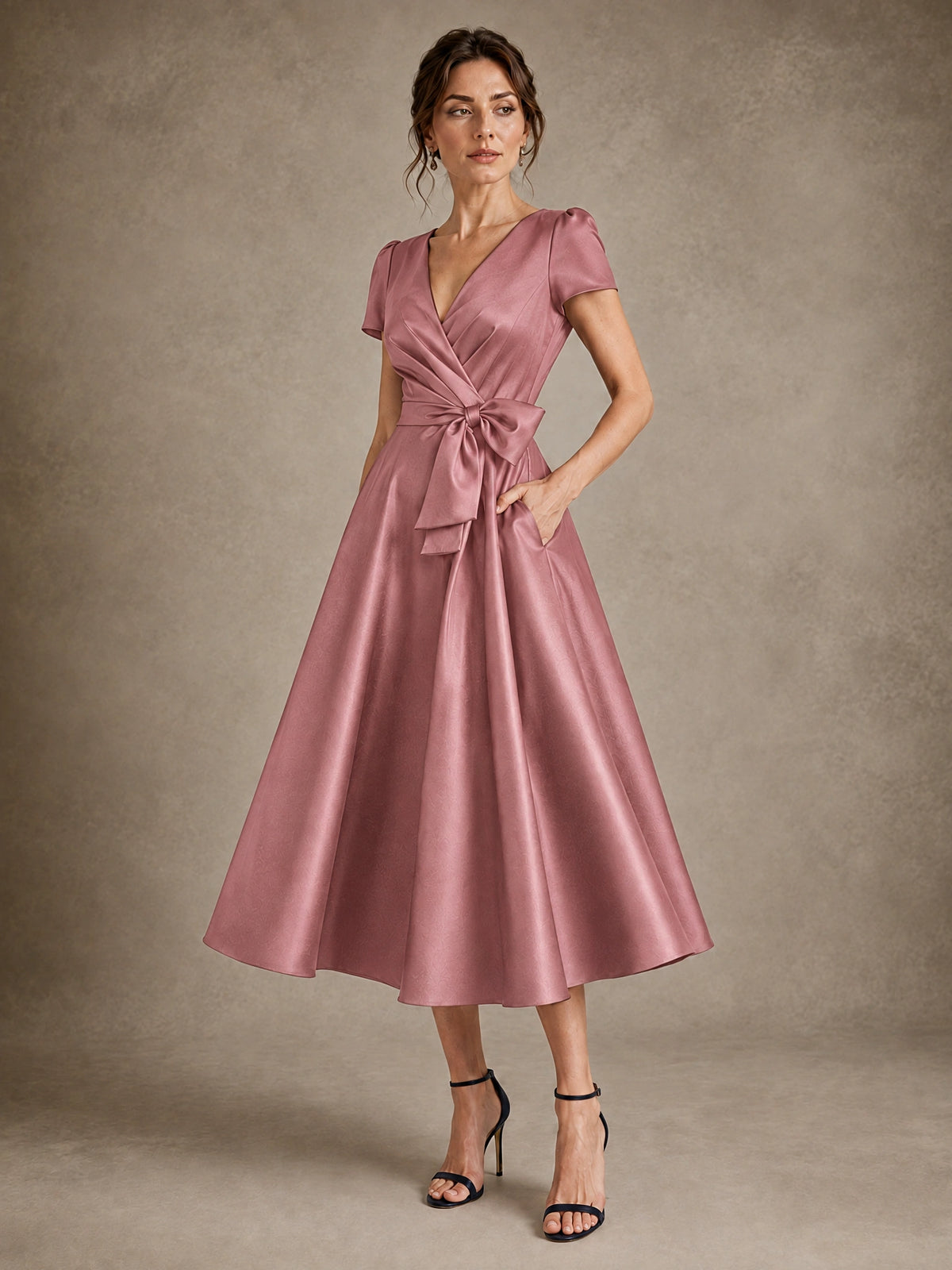 V-Neck Tea-Length Satin Mother of the Bride Dress with Bow