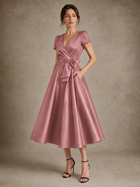 V-Neck Tea-Length Satin Mother of the Bride Dress with Bow