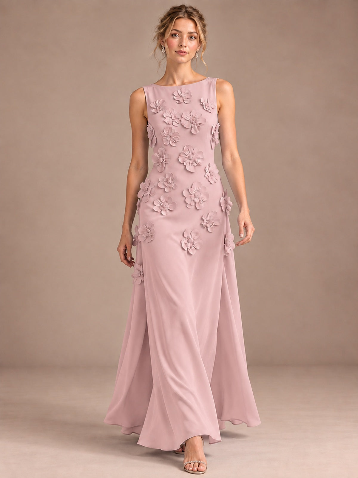 3D Floral Applique Sleeveless Formal Maxi Dress