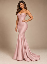 Red Strapless Satin Mermaid Prom Dress with Corset Bodice
