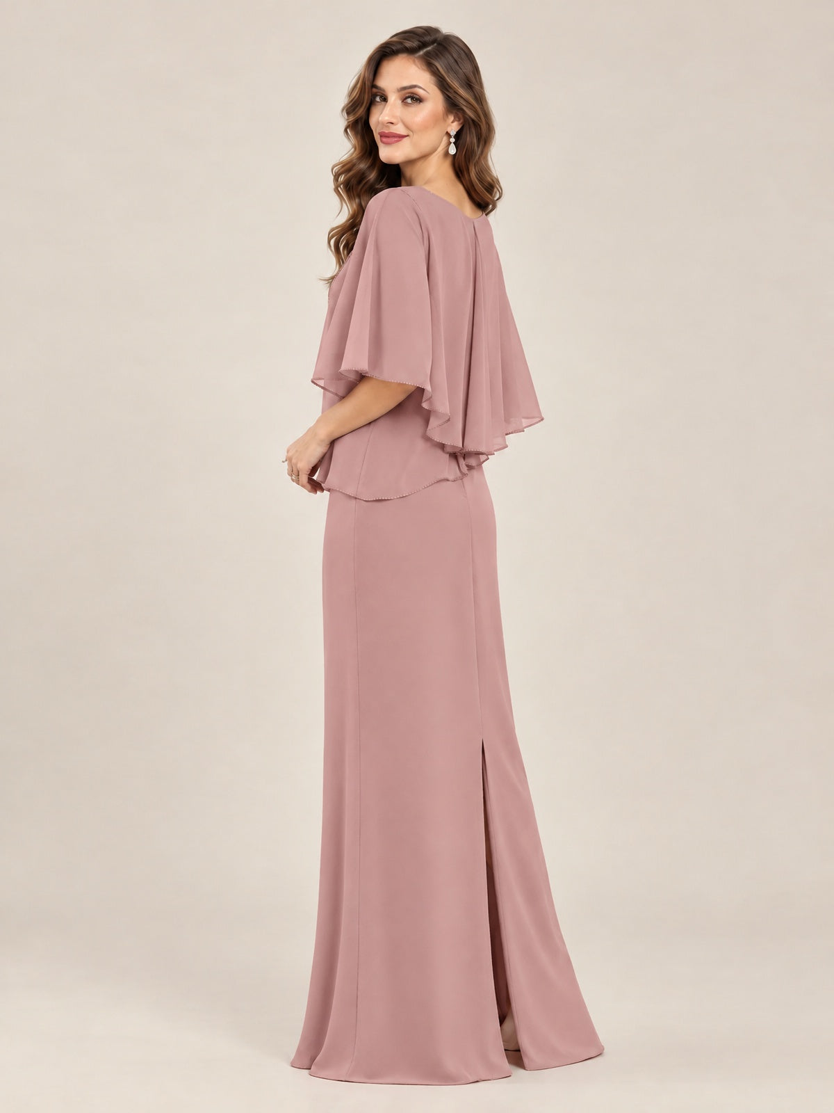 Cape Sleeve Mother of the Bride Dress with Asymmetrical Overlay