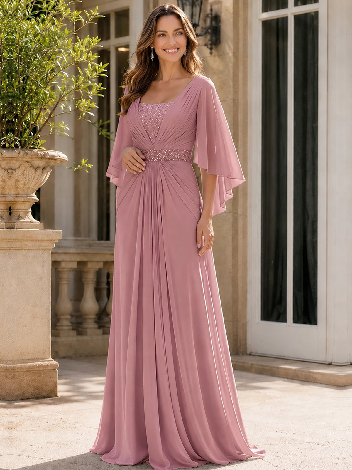 Elegant V-Neck Sequined Chiffon Mother of the Bride Dress with Flutter Sleeves