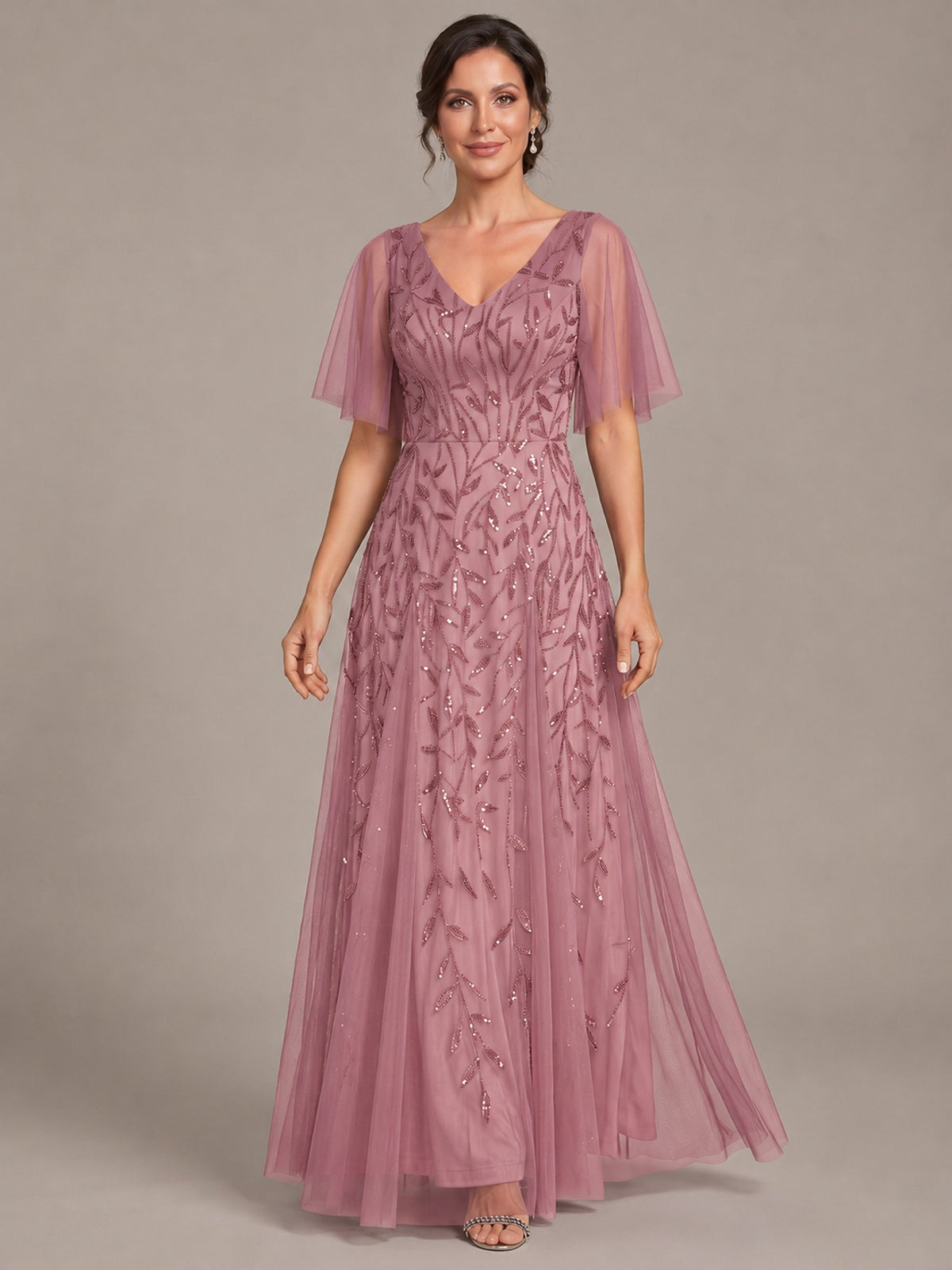 V-Neck Sequin Tulle Mother of the Bride Dress with Flutter Sleeve