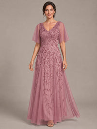 V-Neck Sequin Tulle Mother of the Bride Dress with Flutter Sleeve