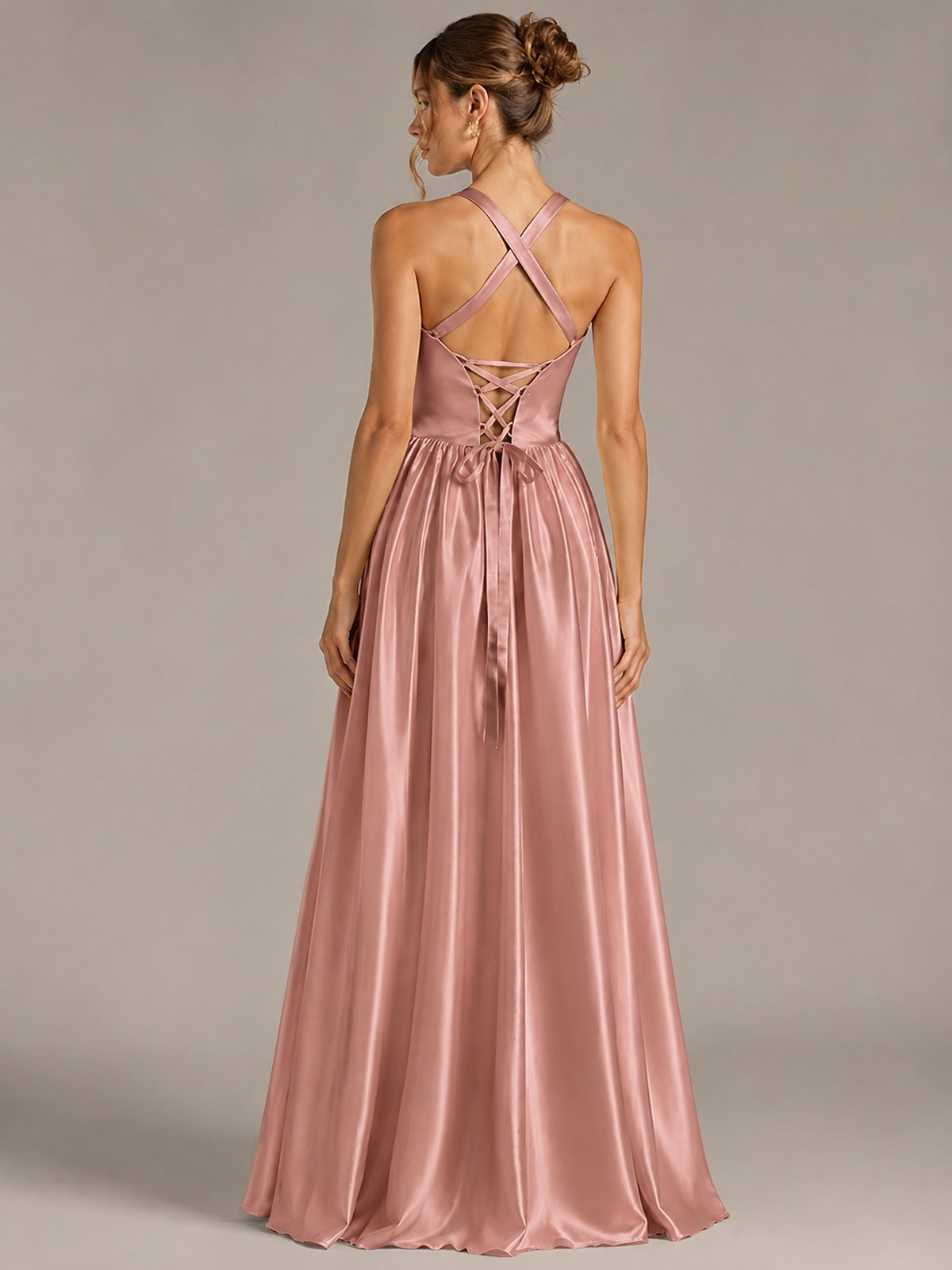 Light Yellow Halter Neck Satin A-Line Maxi Dress with Pockets