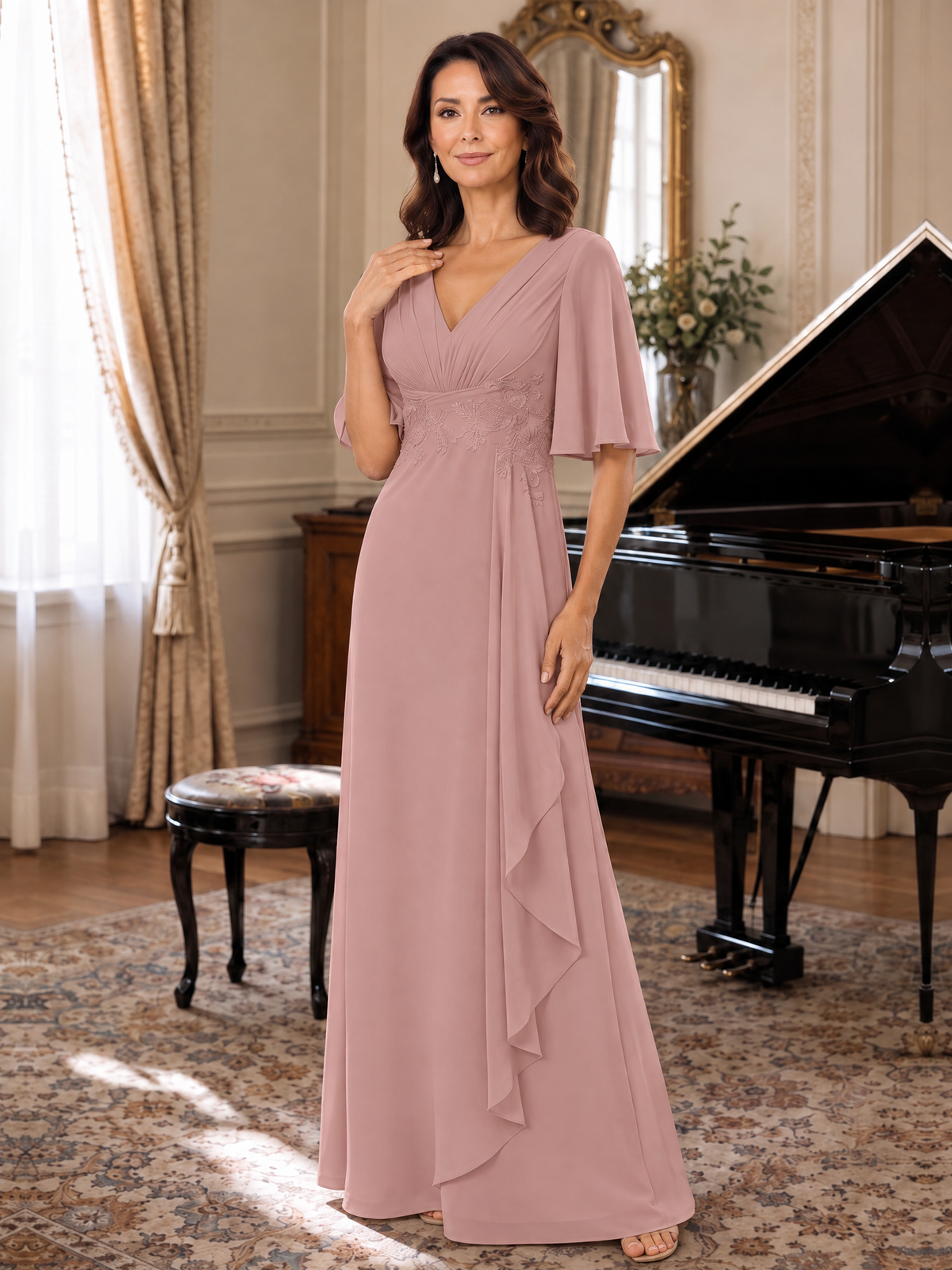 V-Neck Chiffon Lace Mother of the Bride Dresses