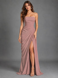Strapless Bodycon Pleated Chiffon Formal Dress with Slit