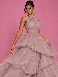 Hot Pink Tulle Halter Neck Tiered Ruffle Maxi Dress