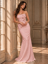 White Strapless Mermaid Maxi Dress with 3D Floral Appliques