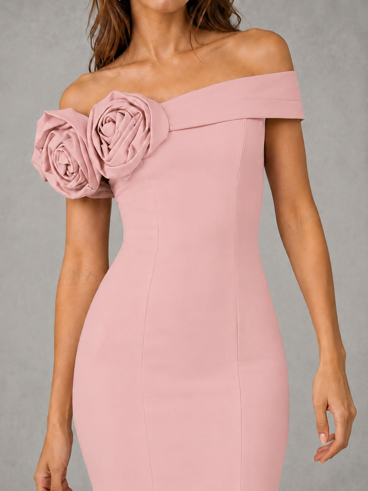 Blush Pink Off Shoulder Mermaid Bridesmaid Dress with Floral Rosette