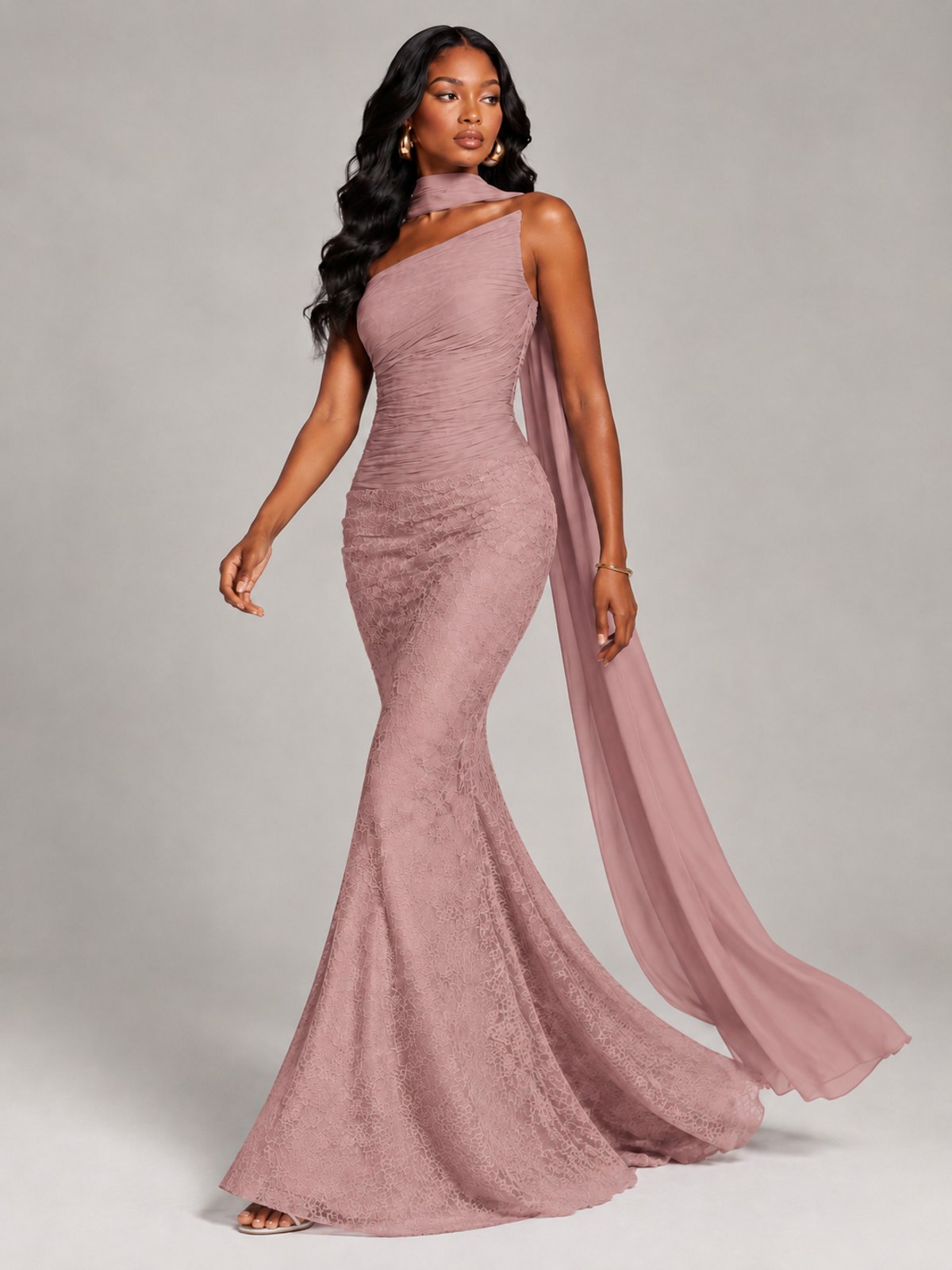 Pleated Chiffon Lace Prom Dresses Long Bodycon Mermaid with Scarf