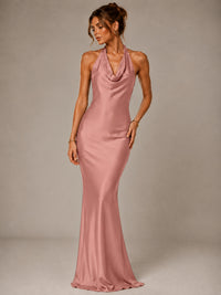 Olive Green Halter Satin Mermaid Maxi Dress