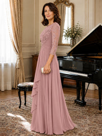 A-Line Chiffon Mother of the Bride Dress with Floral Applique 3/4 Sleeves