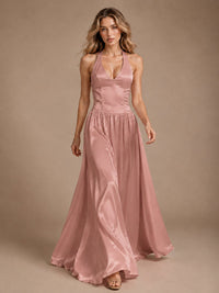 Pink V Neck Halter Satin Maxi Dress