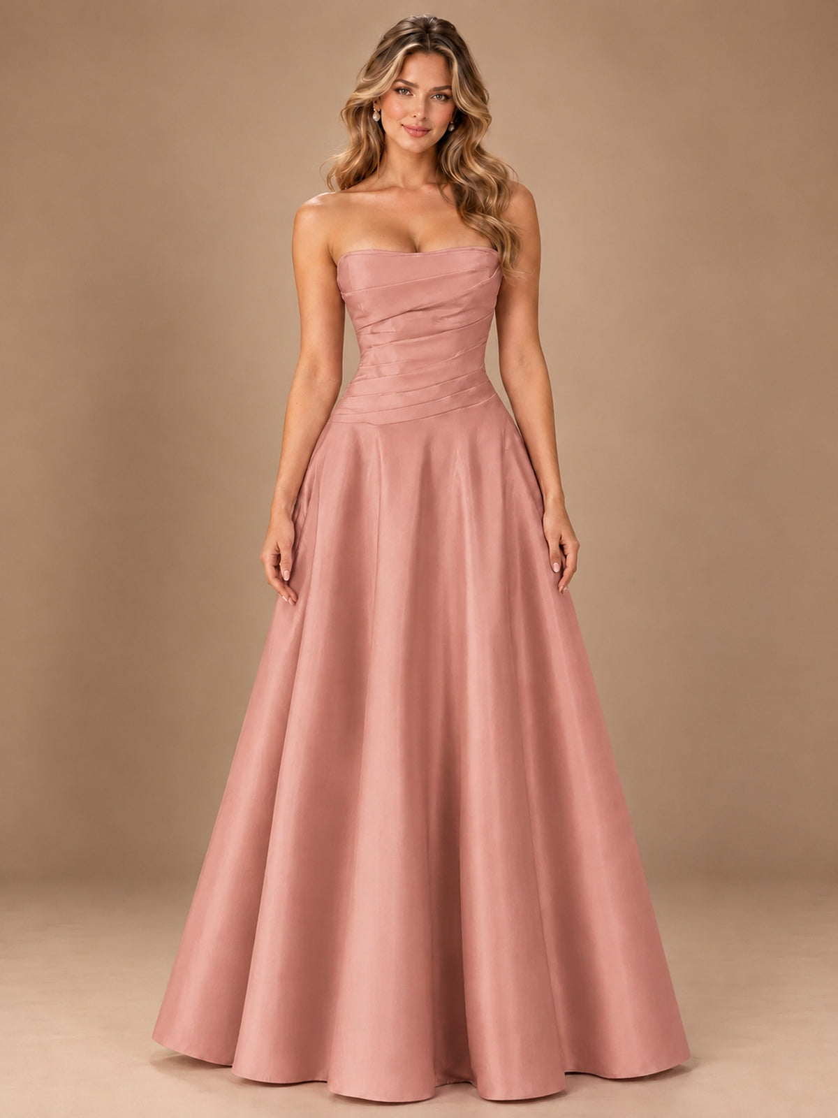 Blush Pink Strapless Satin A-Line Prom Dress with Ruched Bodice