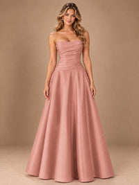 Blush Pink Strapless Satin A-Line Prom Dress with Ruched Bodice