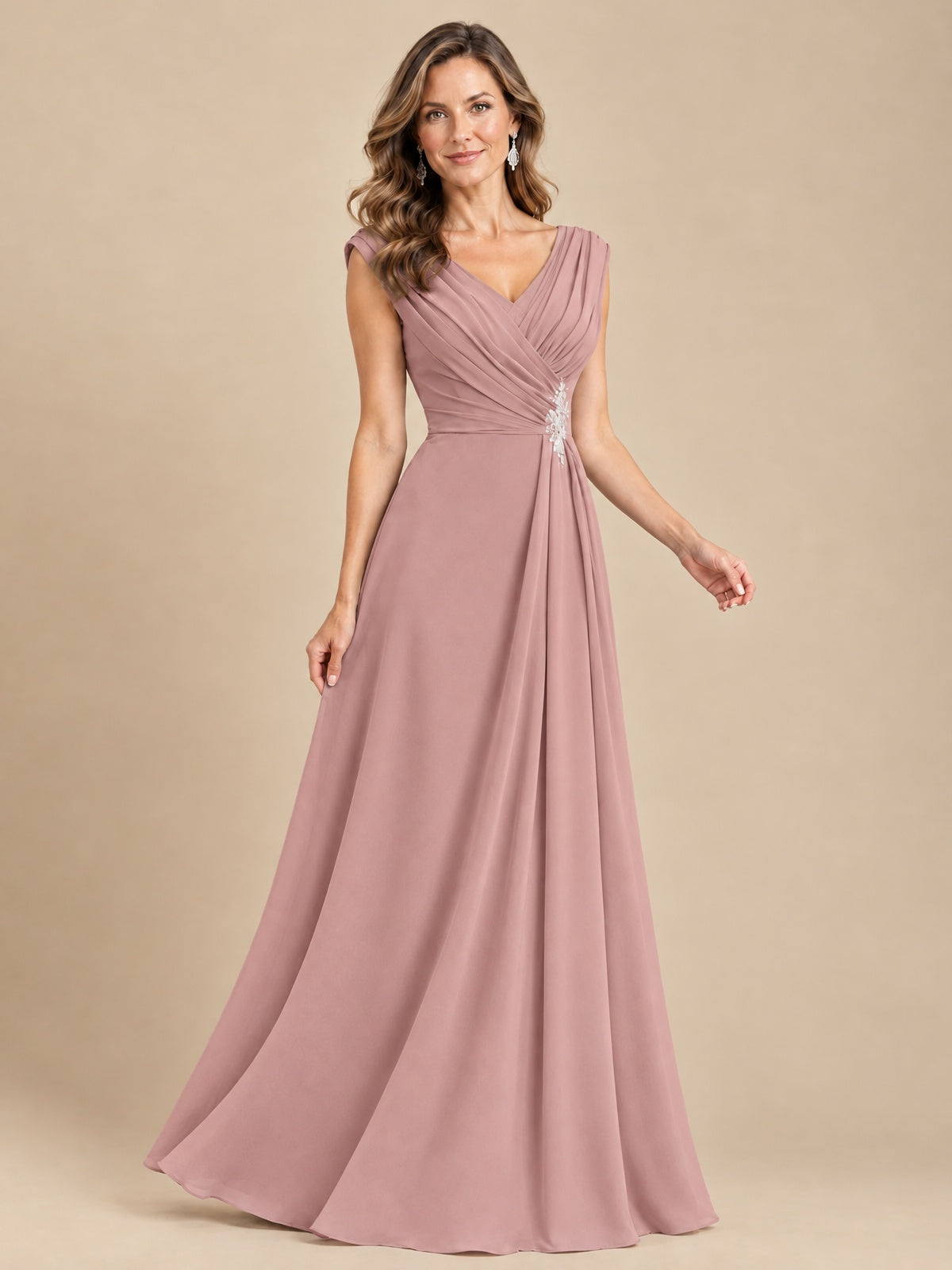 V Neck Pleated Mother of The Bride Dresses with Beading Cap Sleeves