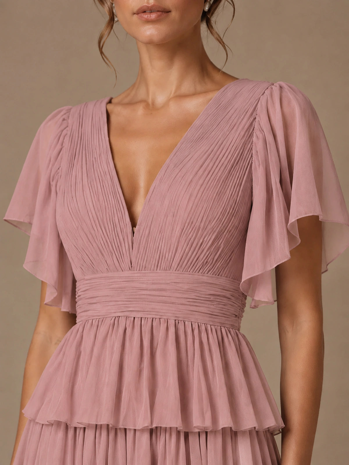 Chiffon V-Neck Tiered Ruffle Bridesmaid Dress with Slit
