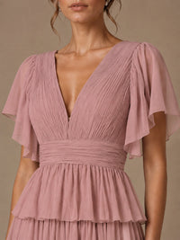 Chiffon V-Neck Tiered Ruffle Bridesmaid Dress with Slit