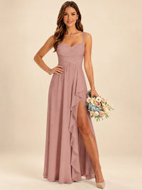 Spaghetti Straps Pleated Chiffon Bridesmaid Dress with Ruffle Slit
