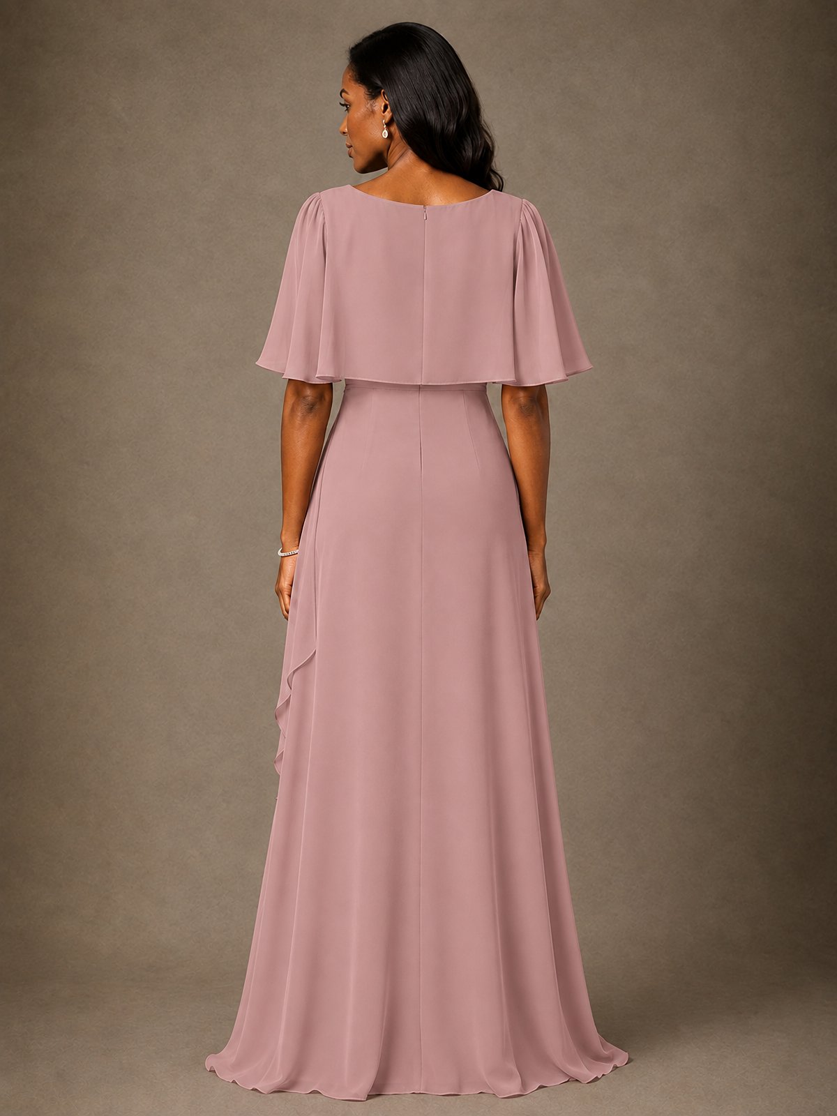 Taupe Chiffon A-Line Mother of the Bride Dress with Cape Sleeves