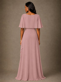 Taupe Chiffon A-Line Mother of the Bride Dress with Cape Sleeves