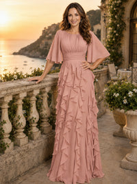 Elegant Chiffon Mother of the Bride Dress with Flutter Sleeves and Ruffle Skirt