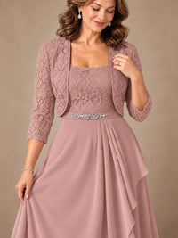 Blush Pink A-Line Mother of the Bride Dress with Lace Jacket and Ruffles