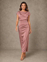Cowl Neck Satin Mother of the Bride Dress with Ruched Waist