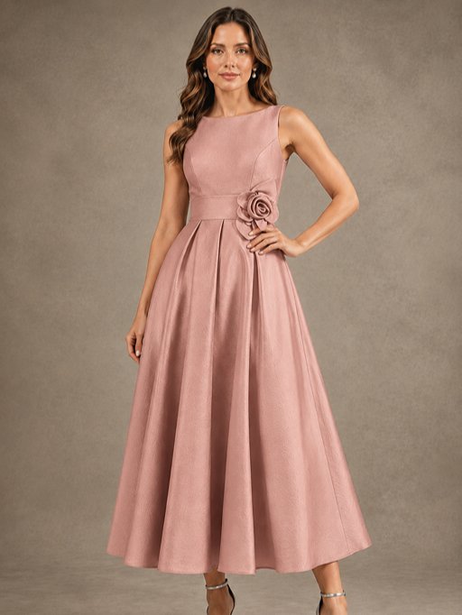 Tea-Length Satin Mother of the Bride Dress with 3D Flower Detail