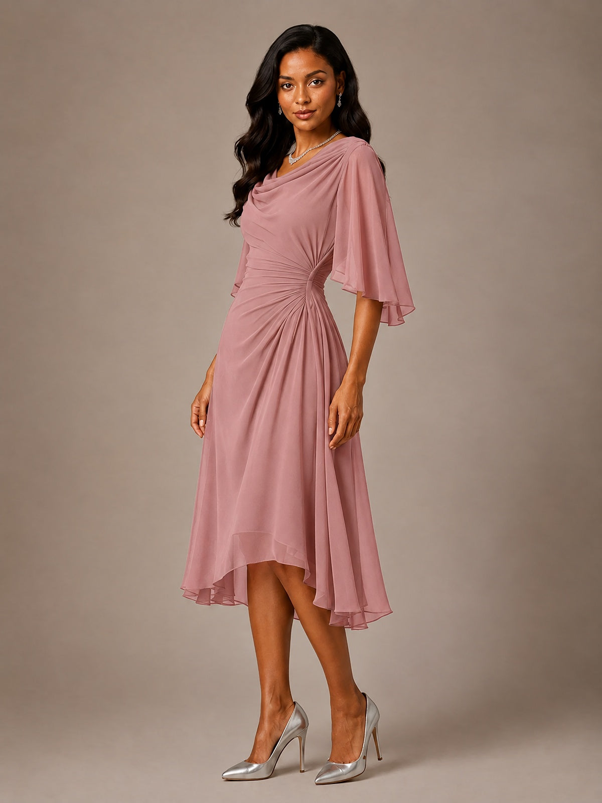 Cowl Neck Ruched Chiffon Mother of the Bride Dresses with Flutter Sleeves