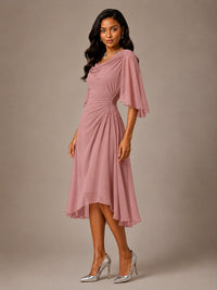 Cowl Neck Ruched Chiffon Mother of the Bride Dresses with Flutter Sleeves