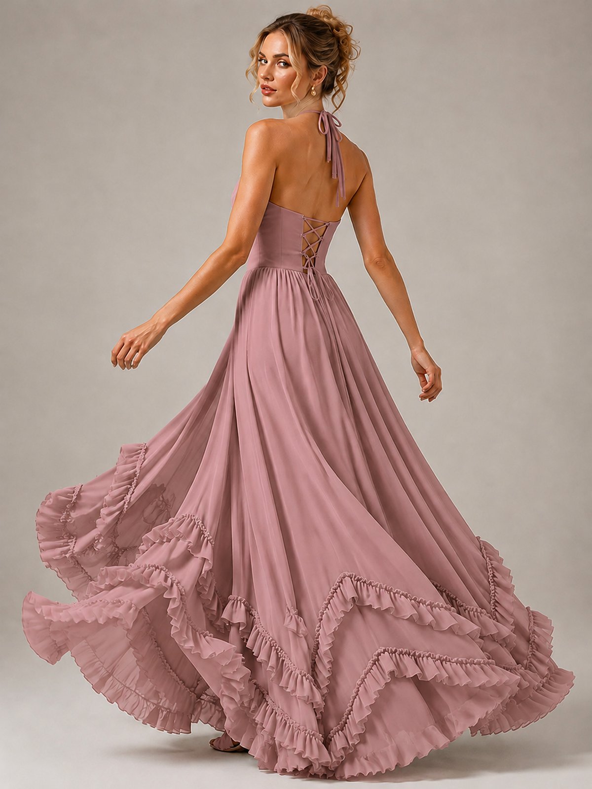 Halter V Neck Chiffon Formal Dress with Lace-Up Back and Ruffle Hem