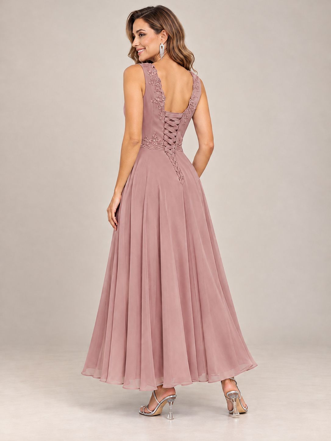 Dusty Blue Floral Lace Chiffon Mother of the Bride Dress with Jacket