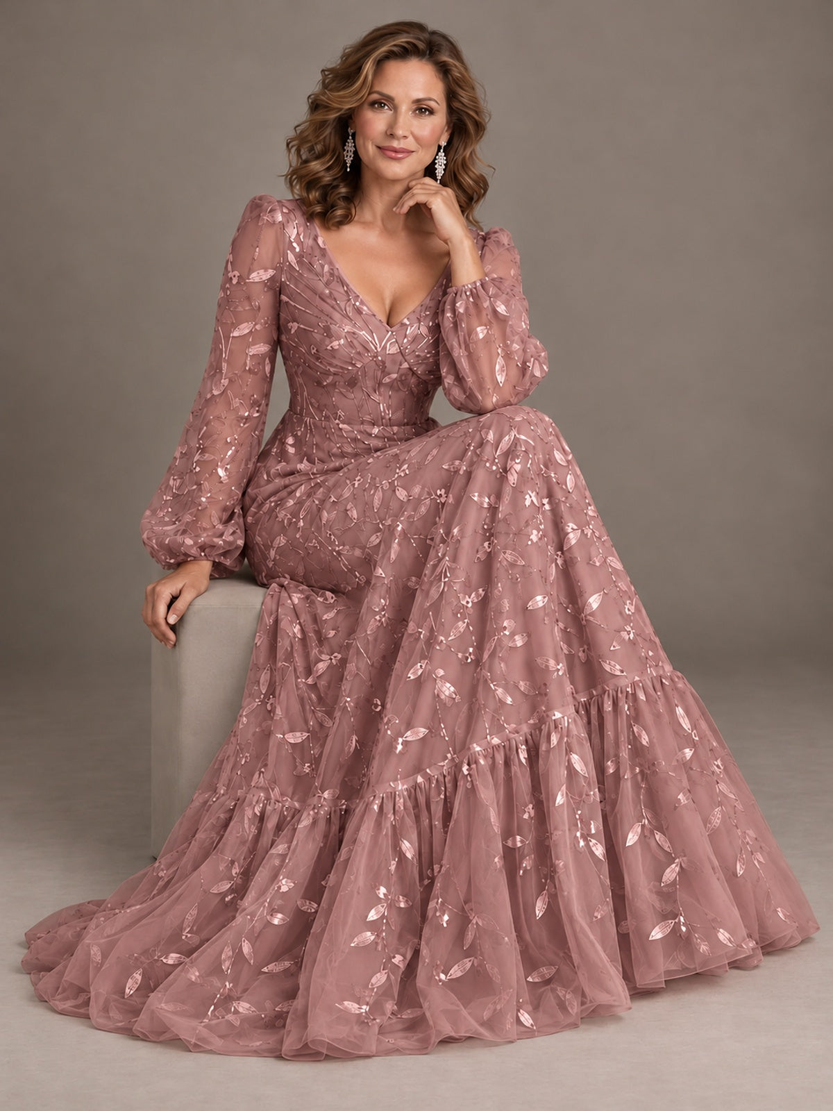 Floral Sequin Embroidered A-Line Mother of the Bride Dress with Long Sleeves