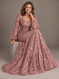 Floral Sequin Embroidered A-Line Mother of the Bride Dress with Long Sleeves