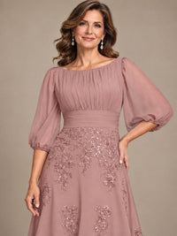 A-Line Mother of the Bride Dress with Sheer Puff Sleeves