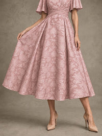 V-Neck Floral Jacquard Tea-Length Mother of the Bride Dress
