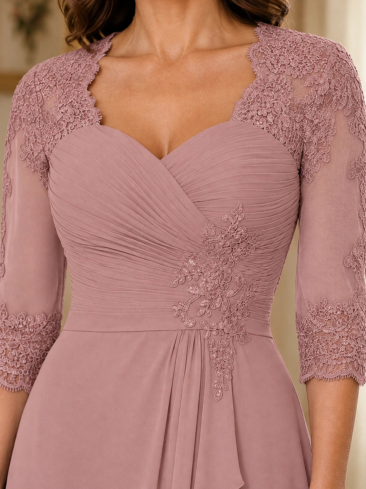 Chiffon Lace Applique Mother of the Bride Dress with 3/4 Sleeves