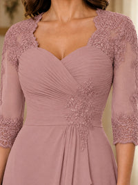 Chiffon Lace Applique Mother of the Bride Dress with 3/4 Sleeves