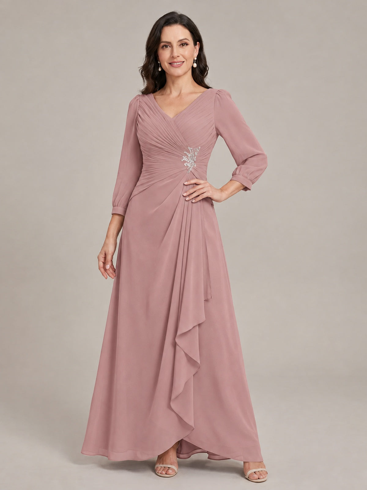 V-Neck Pleated Chiffon Mother of the Bride Dress with Flutter Sleeves