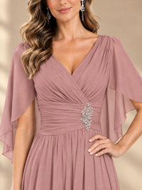 Ruched V Neck Mother of The Bride Dresses with Shawls Appliques and Cap Sleeves