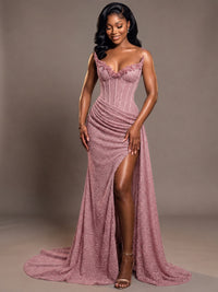 Luxury Strapless Sequin Corset Mermaid Prom Dress with High Slit & Train