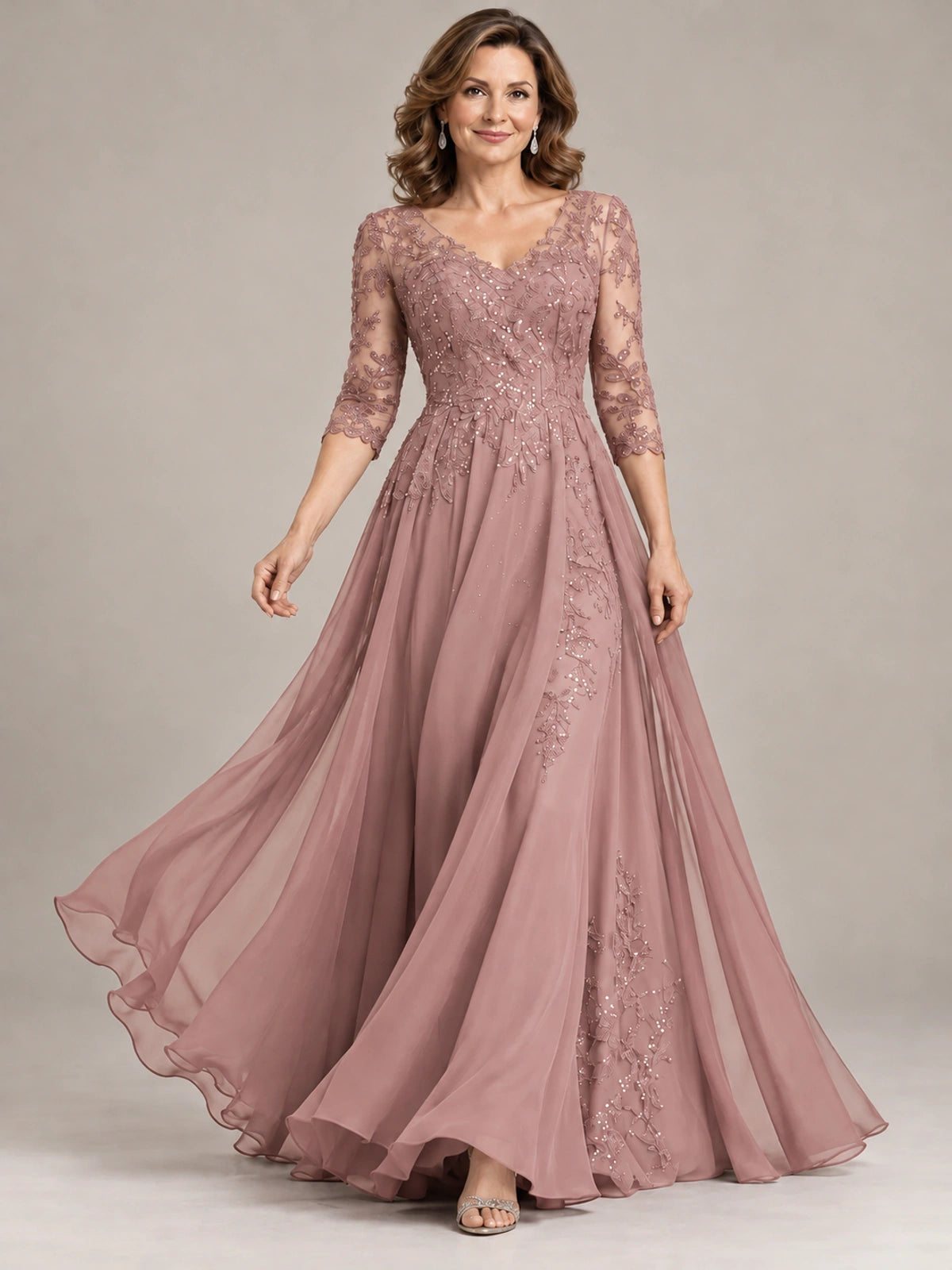 Sequin Lace A-Line Mother of the Bride Dress with 3/4 Sleeves