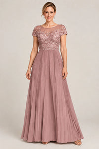 Embroidered Lace Pleated Mother of the Bride Dress