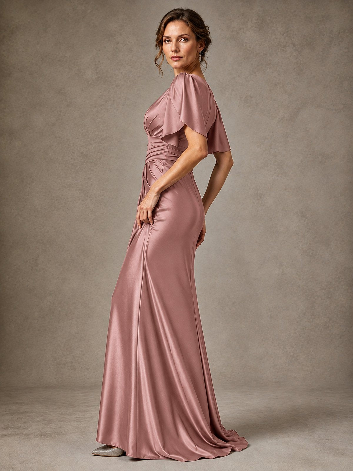 V-Neck Satin Mother of the Bride Dress with Flutter Sleeves