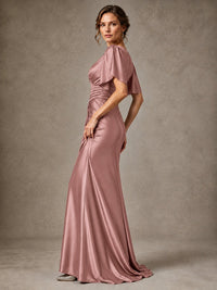 V-Neck Satin Mother of the Bride Dress with Flutter Sleeves